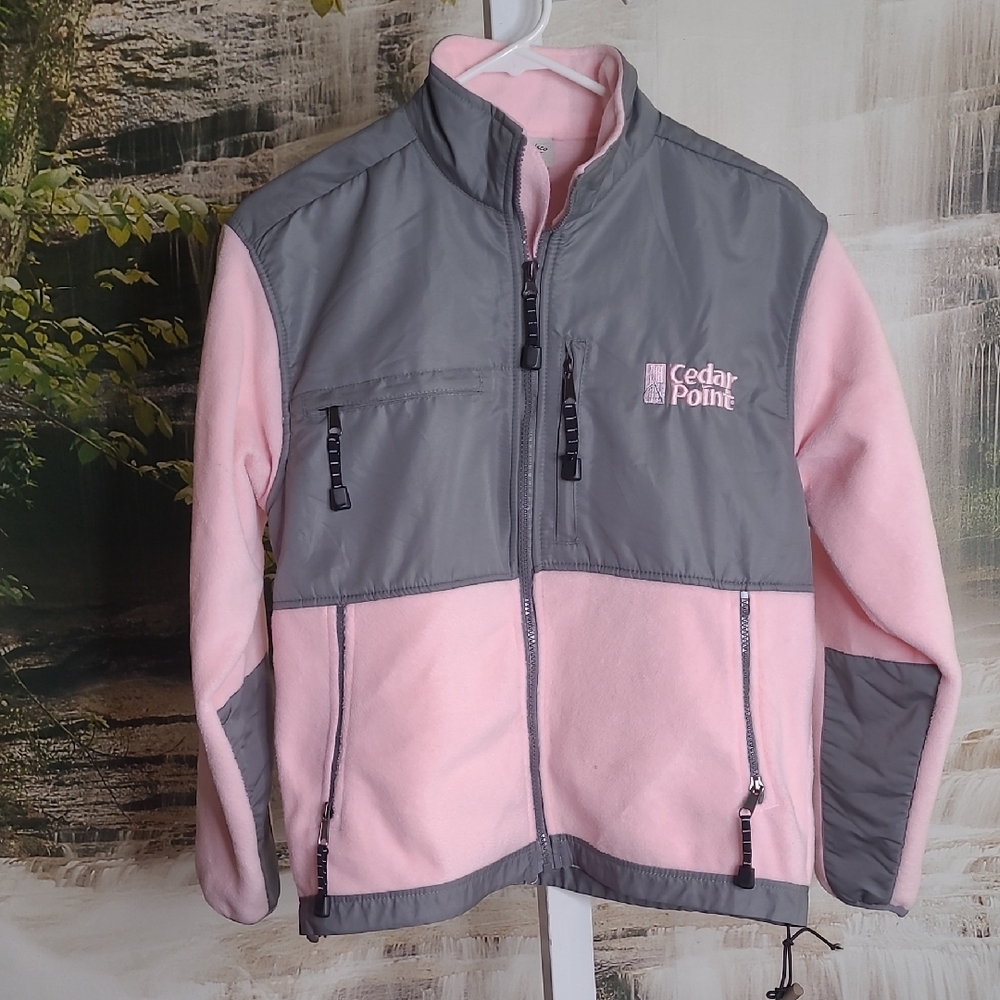 Womens Small Cedar Point pink gray fleece full zip up sweatshirt jacket